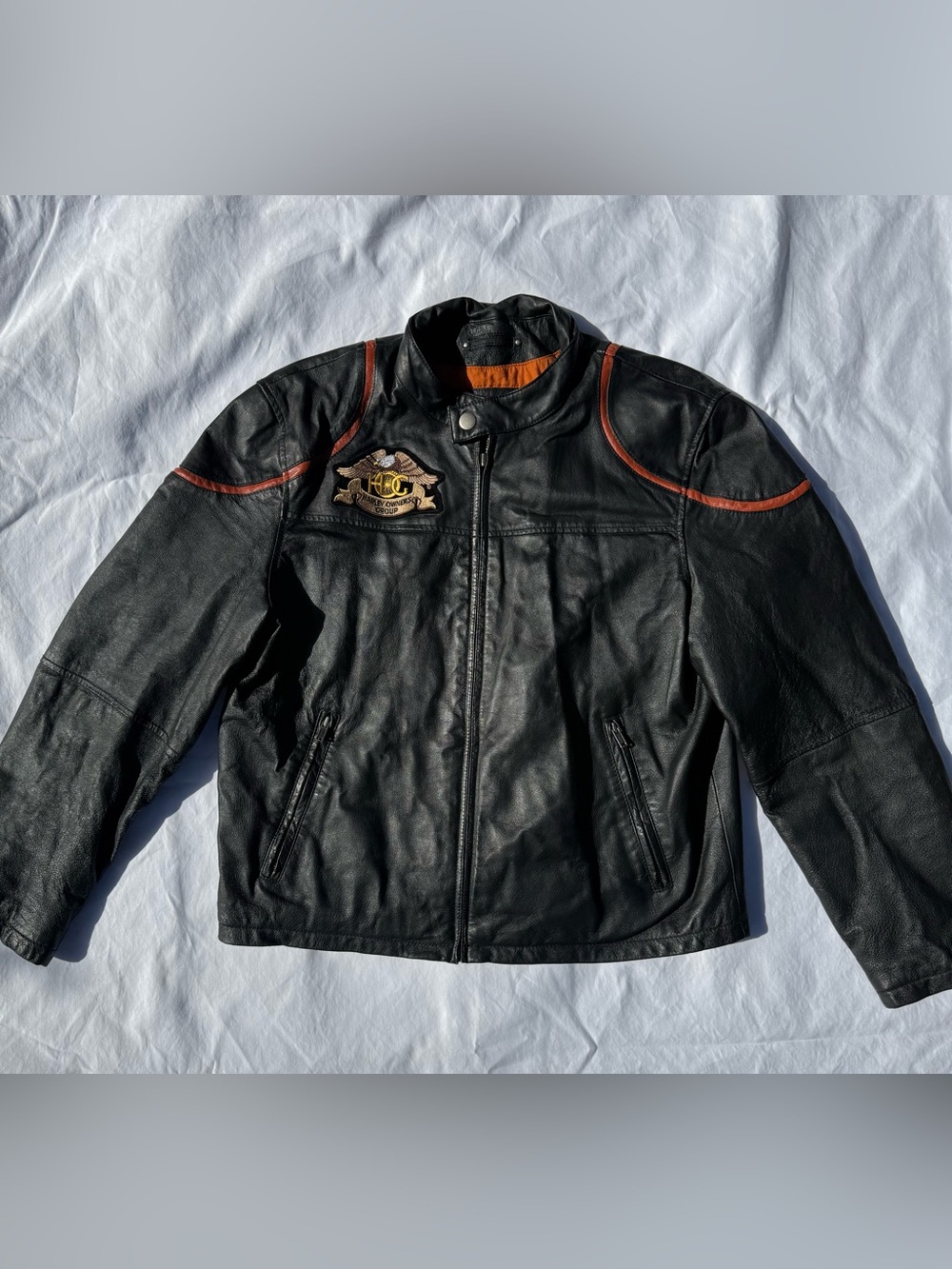 Street Legal Black Leather Bomber Jacket with Orange Accents